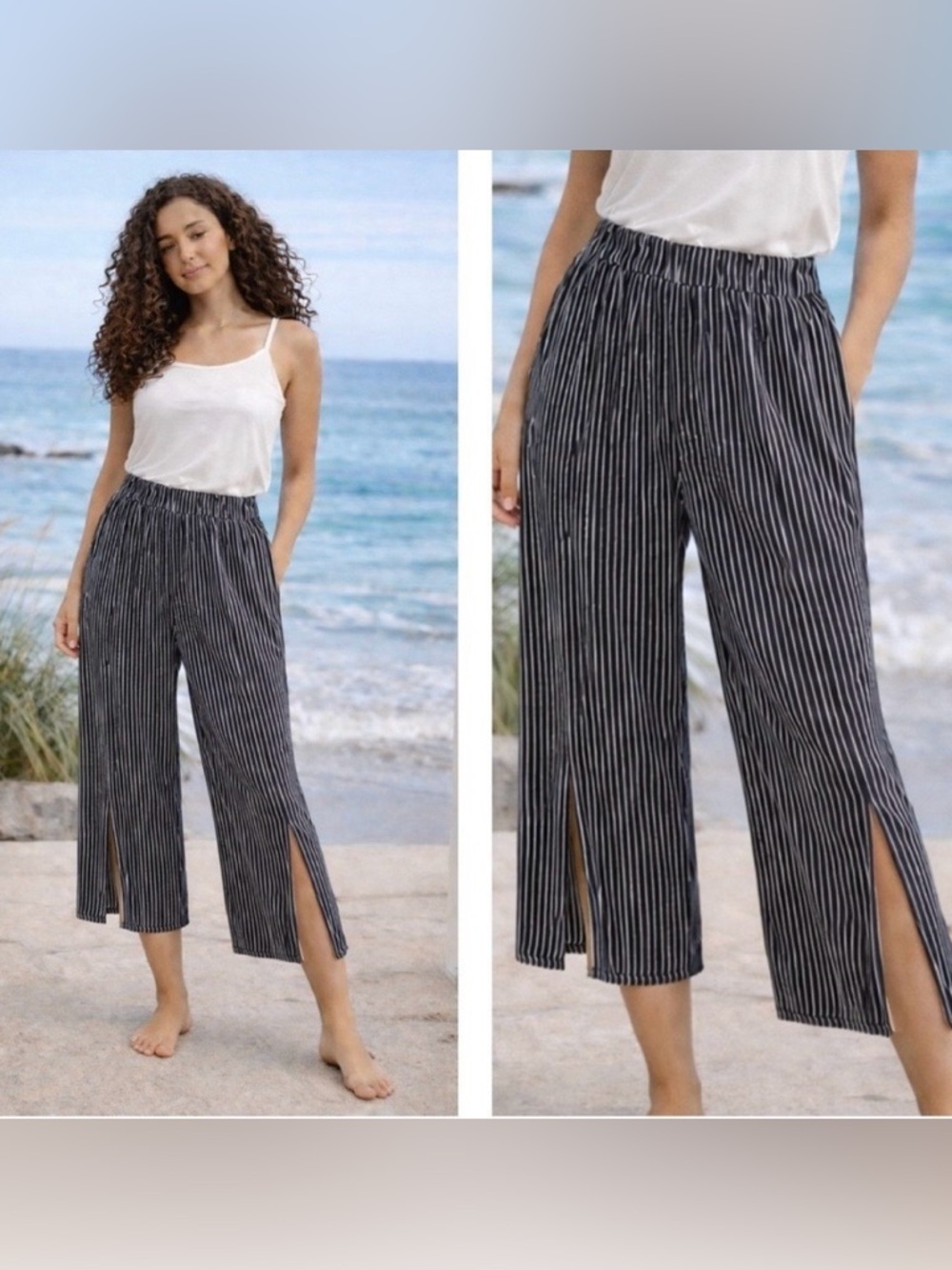 American Eagle Women's Wide Leg Pants XS Cropped Slit Striped Bohemian Beachy